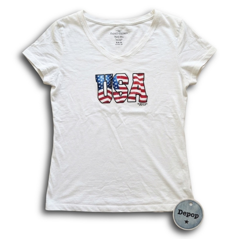 Faded Glory Womens USA Flag Graphic V-Neck T-Shirt White 100% Cotton M 8-10 2013
